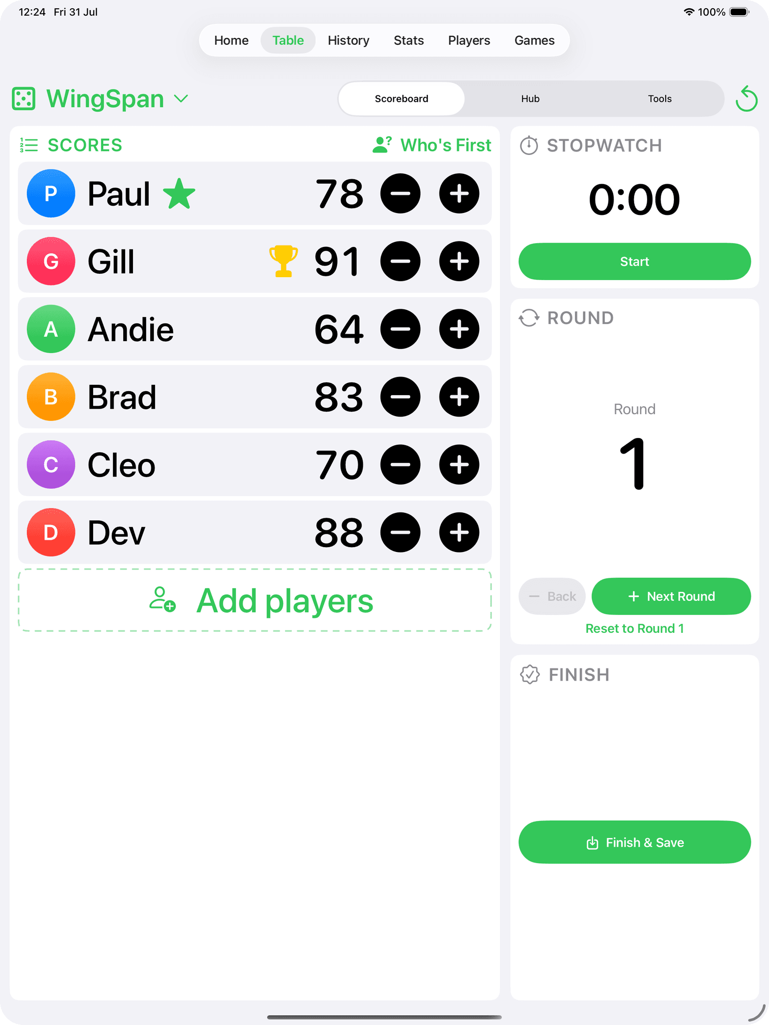 GameSlate Table Mode on iPad — a live shared scoreboard with everyone's scores, a stopwatch, round counter and Finish & Save